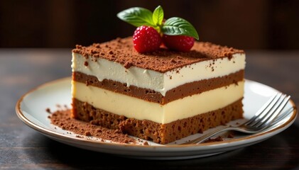 Rich, decadent tiramisu; cocoa dusted top, visible layers , delicious, sweet, chocolate powder