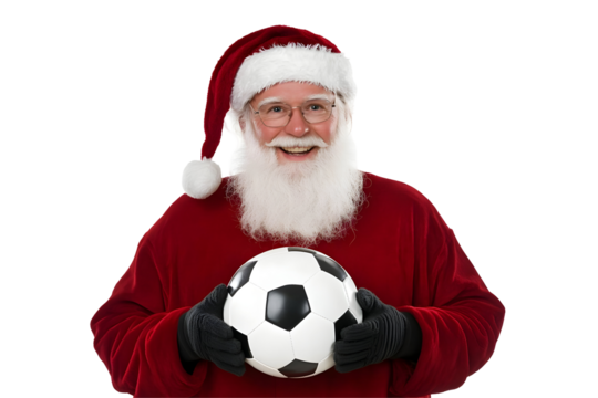 Santa Claus Smiling Holding Soccer Ball Isolated Transparent Background Digital Illustration