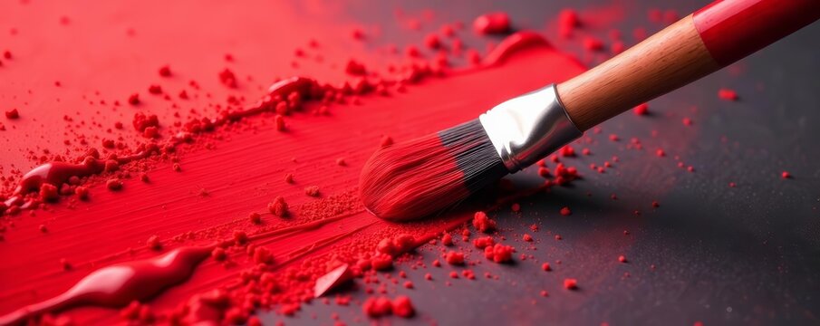 Single red paintbrush with wooden handle, isolated for easy editing, artistic, brush, tool