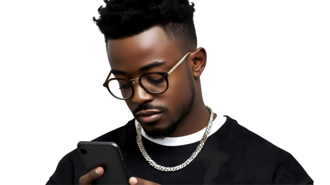Stylish Black Man Holding Smartphone Photo on Transparent Background in Studio Portrait with Glasses Focused on Digital Device