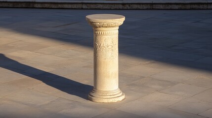A solitary stone pillar with auspicious symbols, standing in the middle of an empty plaza, leaving room for copy.