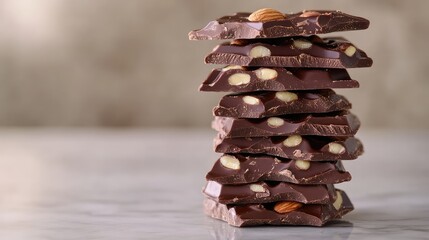 A stack of gourmet chocolate pieces with hazelnuts and almonds, placed on a marble surface, with copy space for marketing or design.