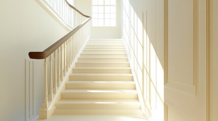 A stylish staircase with open, modern balusters leading up to a bright hallway with clean space for text.