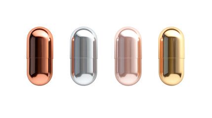 Set of golden softgel capsule filled with liquid supplement, isolated on white Background