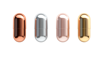 Set of golden softgel capsule filled with liquid supplement, isolated on white Background