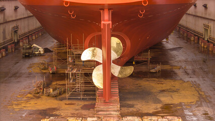 Propeller of large ship spinning power working and water splash contrail . Close up image detail Stern back of Vessel ship, Logistics Transportation industry express technology Freight.. © Yellow Boat