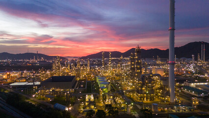 Oil Refinery plant at sunset. Gas Chemical Equipment Prodiction import export Concept, Crude Oil...