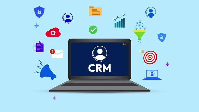 CRM on the laptop screen 4k animation with floating infographics. Customer relationship management, business, finance, goals, secure, leads