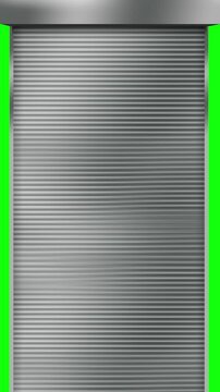 A shop shutter rolling upward and downward 4k animation with green screen copy space, vertical. A garage shutter opening with copy space.