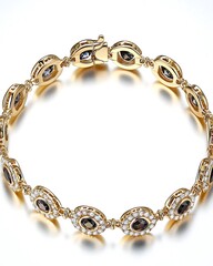 A gold and diamond bracelet with a black stone in the middle