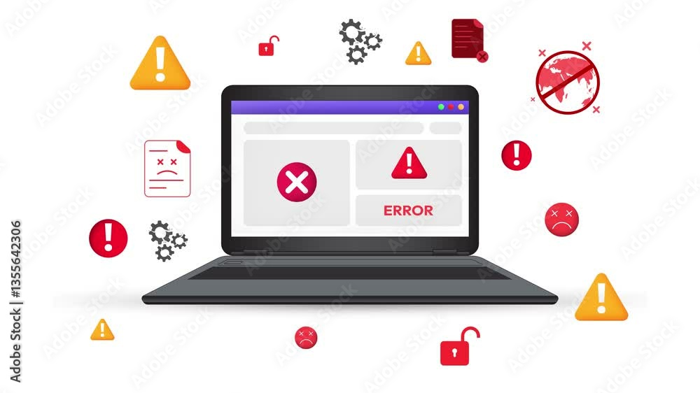 Poster errors and virus attacks on the laptop screen 4k animation with floating warning signs. hacking, err