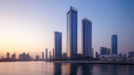 Obraz premium city Skyline at Sunset: Breathtaking Modern Architecture by the Water
