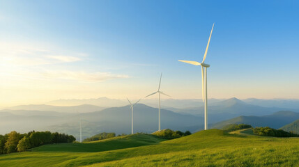 Obraz premium serene landscape showcasing wind turbines rolling green hills clear blue sky, symbolizing renewable energy and sustainability