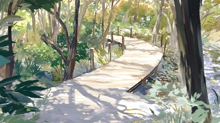 Wooden path weaves through a sunlit forest. Shady plants and trees line a small stream. Light highlights walkway