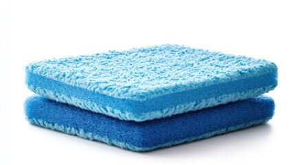 Two Blue Cleaning Sponges Stacked on White Background