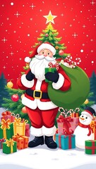 Fototapeta premium Santa Claus with Gifts, Christmas Celebration Scene, Festive Holiday Illustration, Merry Christmas Vector - Santa with Presents and Holiday Decorations, Christmas Cheer Santa Claus Holding Background