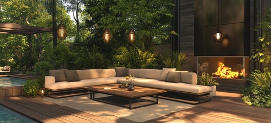 Outdoor Living Area with Fireplace and Lush Landscaping