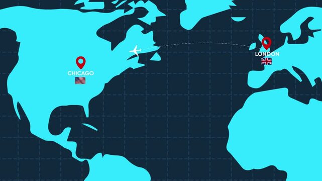 London to Chicago International flight 4k animation. Plane on the flight path with map and flag
