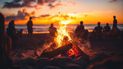 cozy bonfire illuminates beach at sunset, creating warm atmosphere for friends gathered around