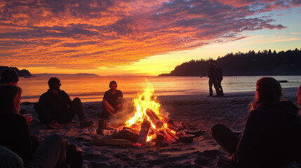 cozy bonfire on beach at sunset, with silhouettes of people enjoying warm glow and vibrant colors of sky