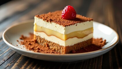 Single serving of tiramisu, rich and decadent, dusted with cocoa , dessert shot, food, decadent dessert