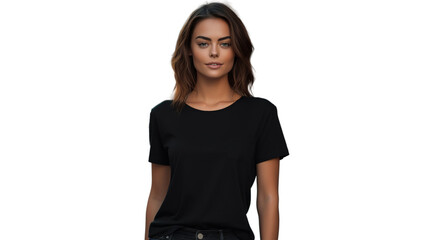 Female Model Wearing Black T-Shirt Mockup on PNG Transparent Background
