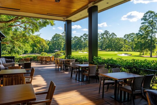 Outdoor patio dining area overlooking golf course