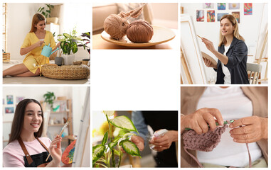 Hobby. Gardening, knitting and painting, collage with space for text