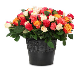 Bouquet of beautiful roses on white table, space for text