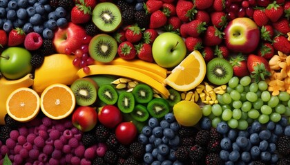 Colorful fruits mix, arrangement on flat surface apple, kiwi, berries, banana, grapes, orange & lemon. Abundant background of fresh & ripe food