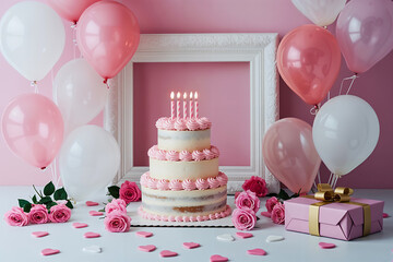Pastel Celebration with Cake, Balloons, and Gifts