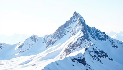 Snow-covered mountain peak against a bright white sky, texture, rocks, nature