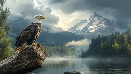Majestic bald eagle perched on a weathered log, overlooking a serene lake nestled amidst a breathtaking mountain range. A picturesque scene of nature's grandeur.