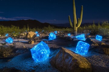 Glowing blue cubes scattered across a desert landscape at night, illuminated against a tall saguaro cactus and starry sky.