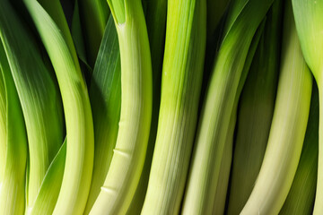 Fresh raw green leeks as background, top view