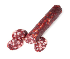 Delicious dry cured sausage isolated on white, top view