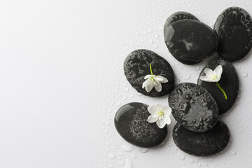 Wet spa stones and beautiful flowers on white background, flat lay. Space for text
