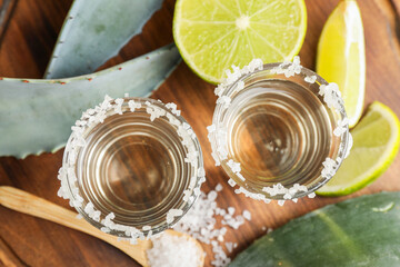 Tequila shots with salt, lime slices and agave leaves on wooden table, flat lay