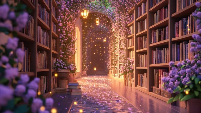Magical Library A Whimsical World of Books and Blooms. - Powered by Adobe