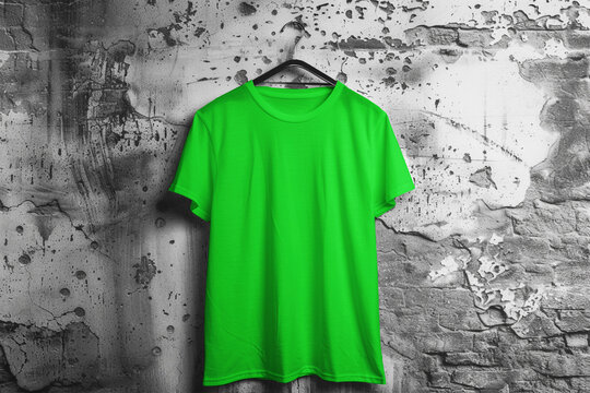Green t shirt with hanger on the abstract wall mockup , plain cotton tshirt mock up template for design, branding, print, store. Empty casual apparel.