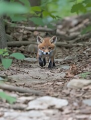 Obraz premium Red Fox Kit Forest Path.