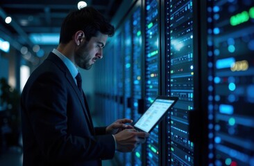 In a dimly lit server room a focused technician reviews data on a tablet surrounded by rows of glowing servers highlighting the intersection of technology and analysis in real-time.