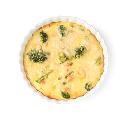 Delicious vegetable casserole isolated on white, top view