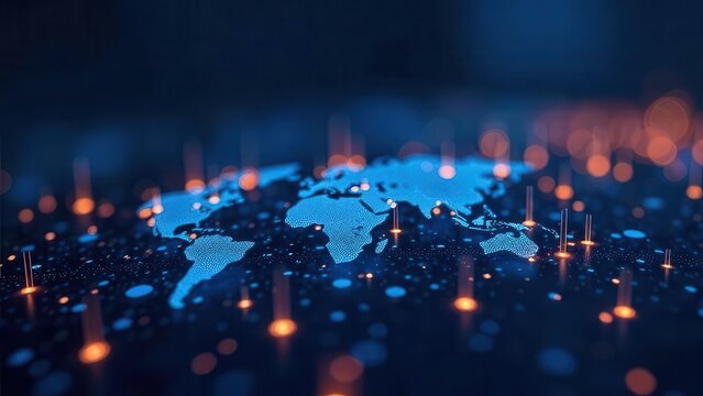 A vivid representation of a world map illuminated in blue hues surrounded by glowing dots and lines. This artwork captures the essence of digital connectivity and global unity.
