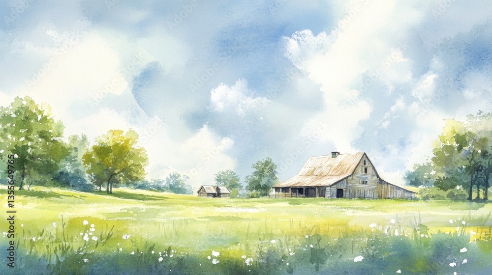 Aufkleber delicate watercolor painting of a rustic farm with lush green fields and a serene blue sky in a nost
