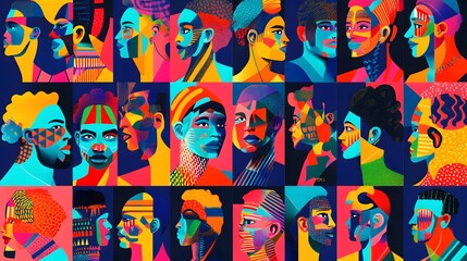 Colorful Abstract Characters: Diverse People Face Avatars Set for Professional Use