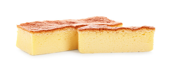 Pieces of tasty Japanese Castella sponge cake isolated on white