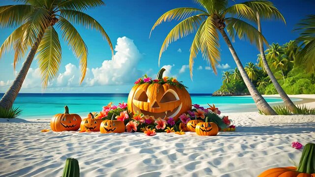 Carved Halloween pumpkins arranged on white sand tropical beach with palms