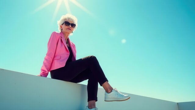 Under a brilliant sun an elegant woman dressed in a pink blazer and sunglasses sits confidently on a ledge exuding style and poise against the bright blue sky.