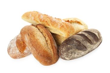 Different loaves of freshly baked bread isolated on white